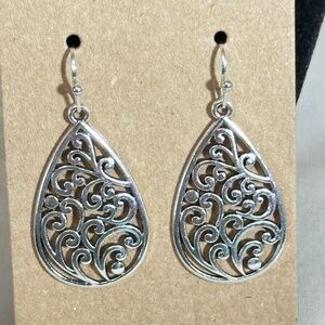 2/$20 Silver Tone Water Droplet Filigree Hook Earrings